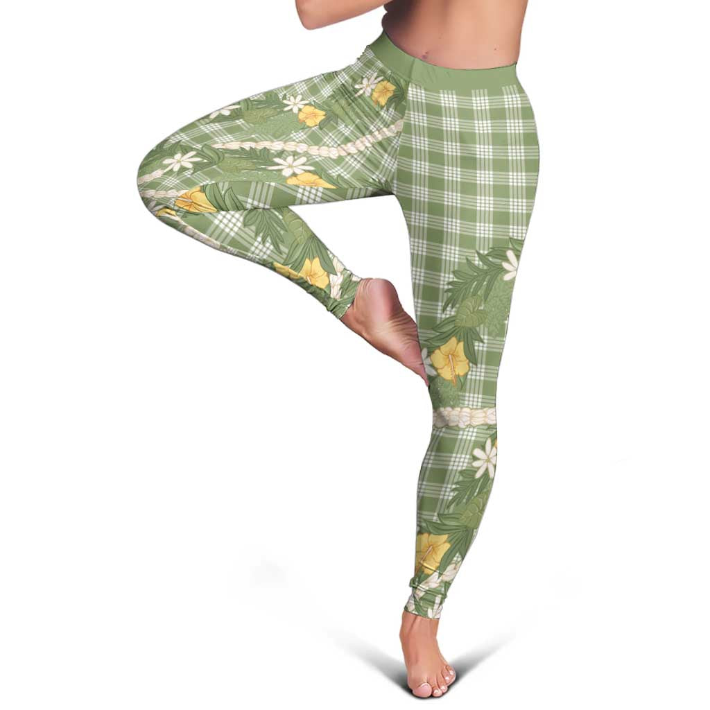 Aloha Puakenikeni Anthurium Pikake Lei Leggings Green Hawaiian Palaka Pattern LT9 - Polynesian Pride
