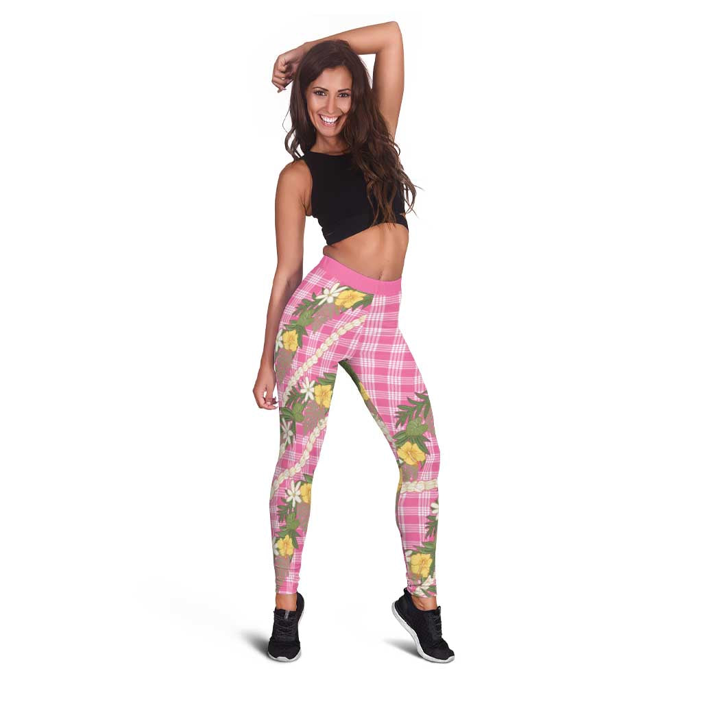 Aloha Puakenikeni Anthurium Pikake Lei Leggings Tropical Pink Hawaiian Palaka Pattern