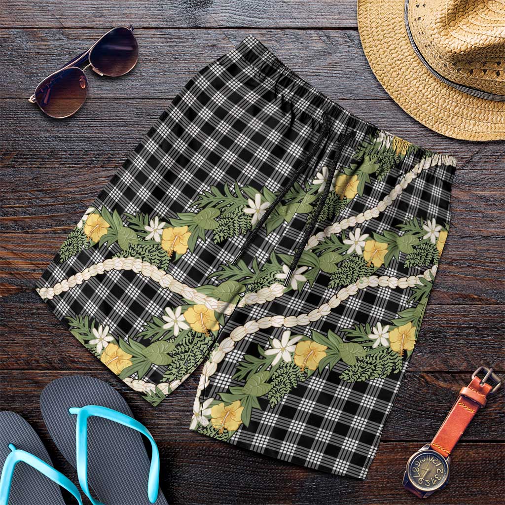 Aloha Puakenikeni Anthurium Pikake Lei Shorts for Men Black Hawaiian Palaka Pattern LT9 Black - Polynesian Pride