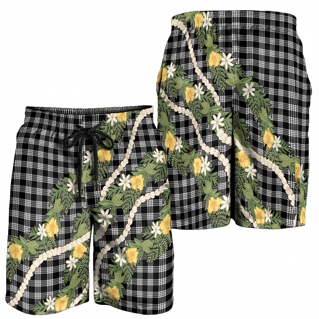 Aloha Puakenikeni Anthurium Pikake Lei Shorts for Men Black Hawaiian Palaka Pattern LT9 - Polynesian Pride