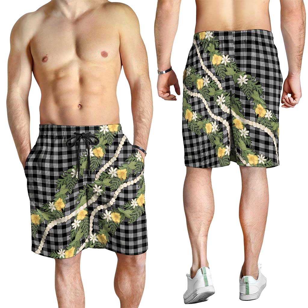 Aloha Puakenikeni Anthurium Pikake Lei Shorts for Men Black Hawaiian Palaka Pattern LT9 - Polynesian Pride