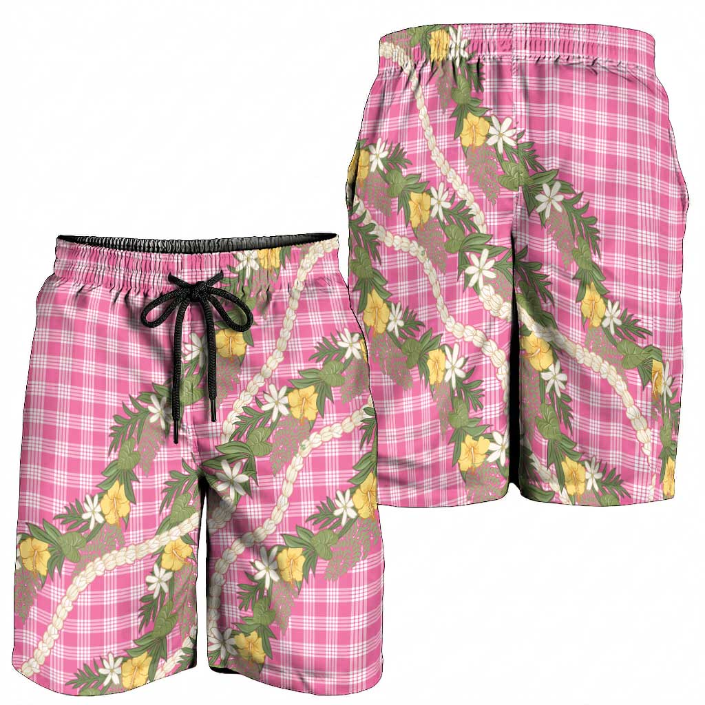 Aloha Puakenikeni Anthurium Pikake Lei Shorts for Men Tropical Pink Hawaiian Palaka Pattern