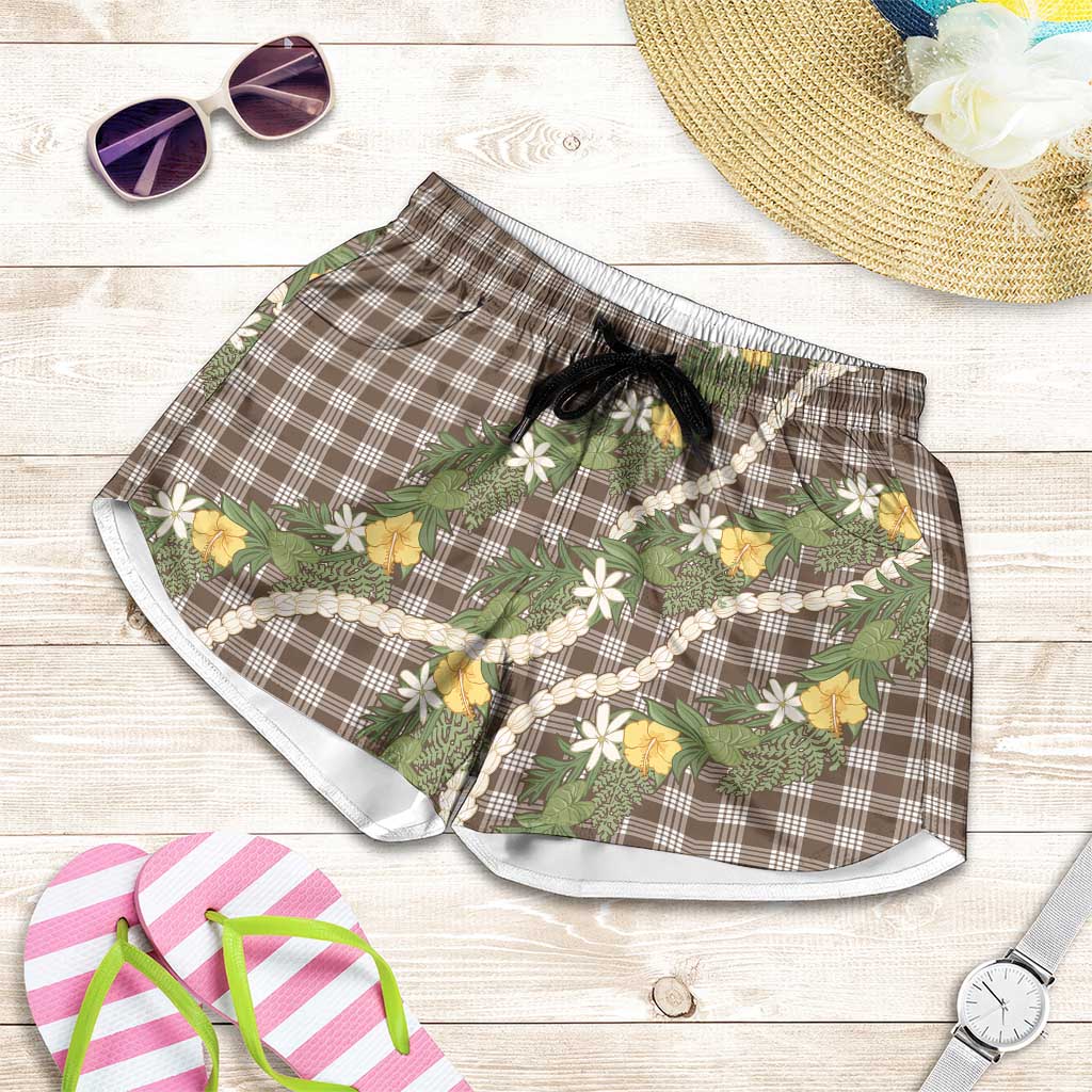 Aloha Puakenikeni Anthurium Pikake Lei Shorts for Women Chocolate Hawaiian Palaka Pattern