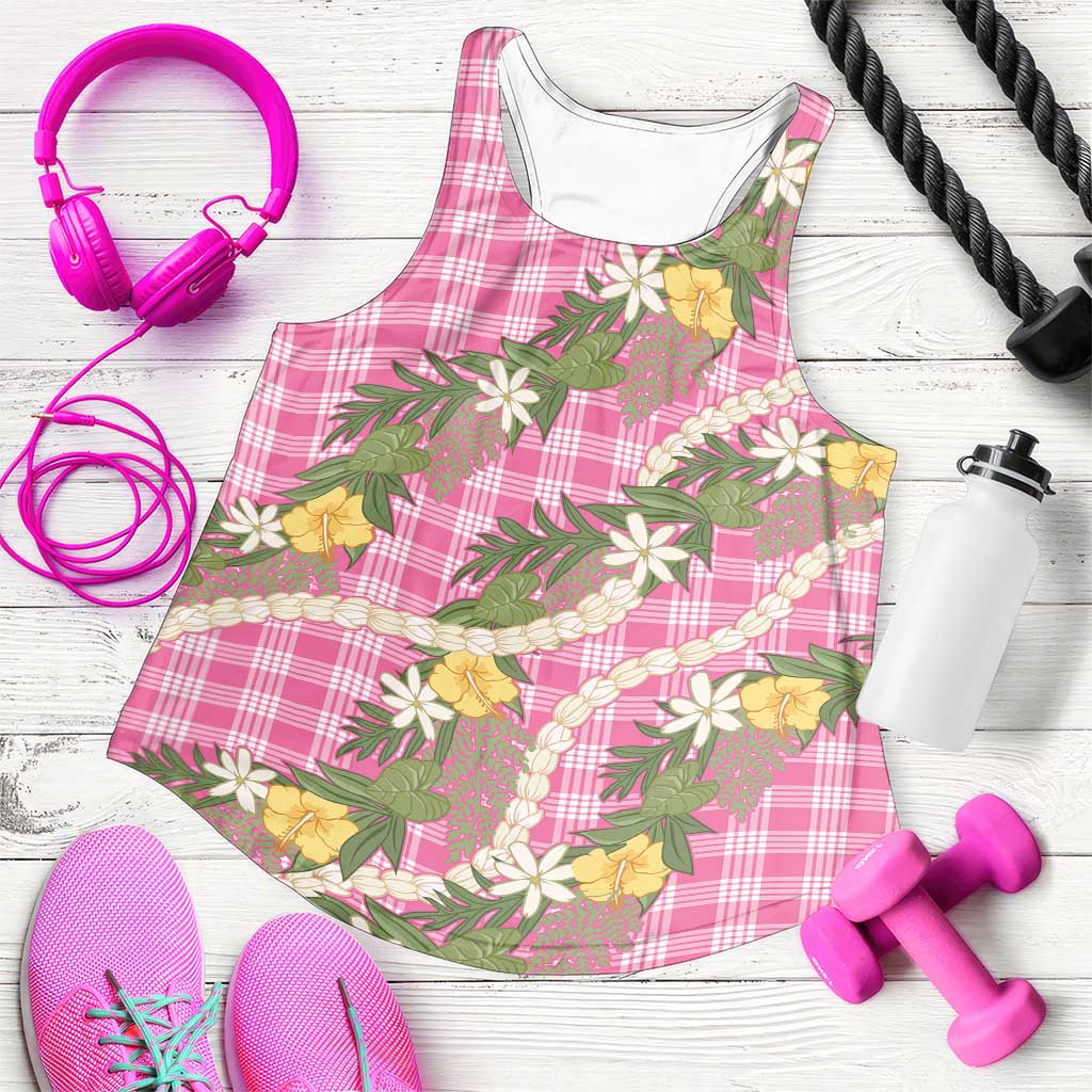 Aloha Puakenikeni Anthurium Pikake Lei Women Racerback Tank Tropical Pink Hawaiian Palaka Pattern LT9 Pink - Polynesian Pride