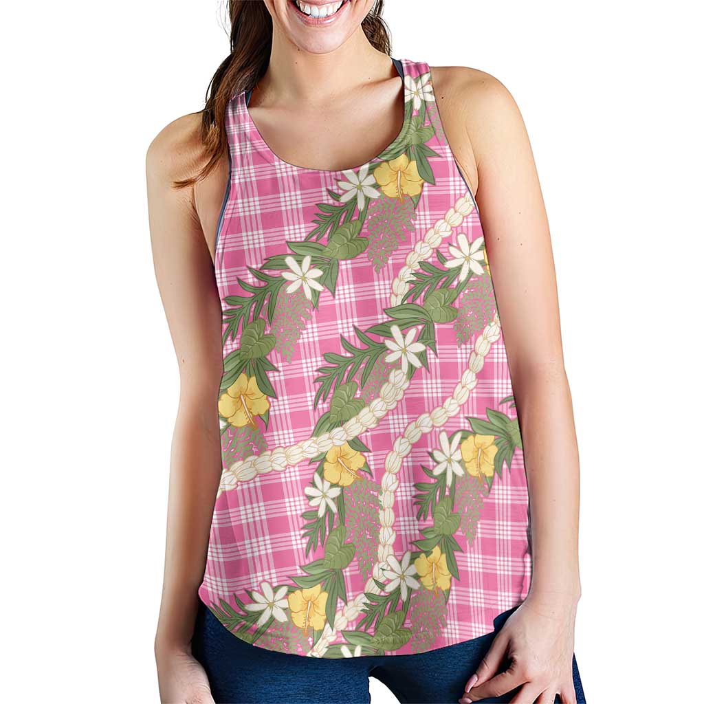 Aloha Puakenikeni Anthurium Pikake Lei Women Racerback Tank Tropical Pink Hawaiian Palaka Pattern LT9 - Polynesian Pride