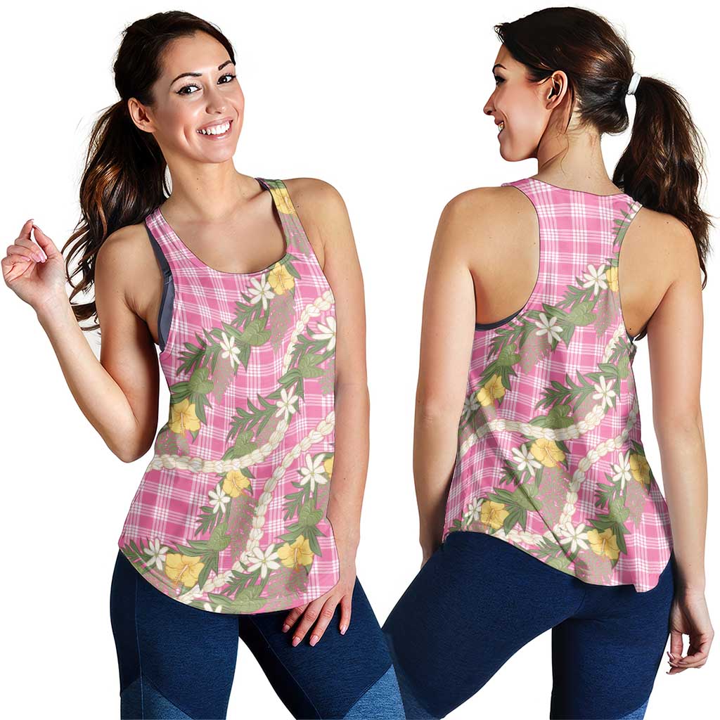 Aloha Puakenikeni Anthurium Pikake Lei Women Racerback Tank Tropical Pink Hawaiian Palaka Pattern LT9 - Polynesian Pride