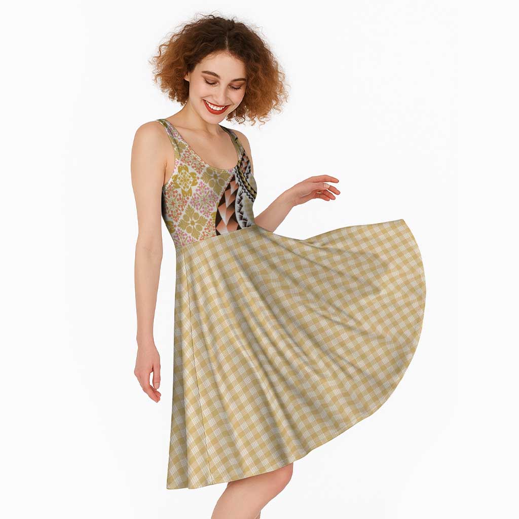 Aloha Vintage Palaka Floral Hawaiian Quilt Midi Dress Melemele Motif - Polynesian Pride