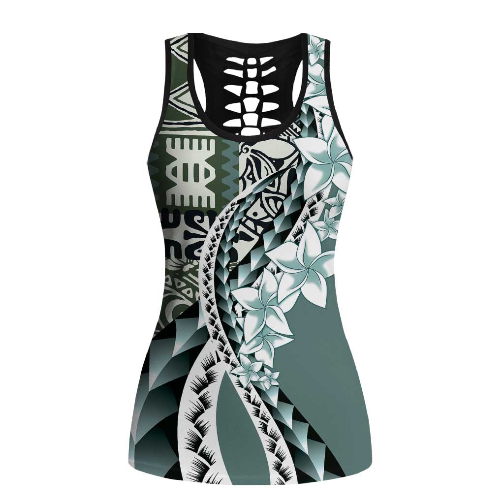 Aloha Vintage Plumeria Hawaiian Tapa Pattern Hollow Tank Top Dark Turquoise Hawaiian Tapa Pattern - Polynesian Pride