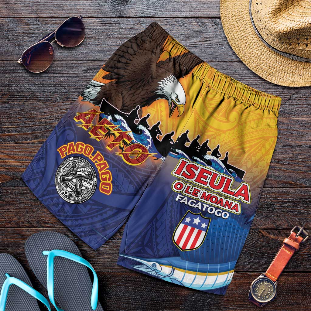 American Samoa Fautasi Shorts for Men Bald Eage and Sailfish with Kakau Motifs - Polynesian Pride