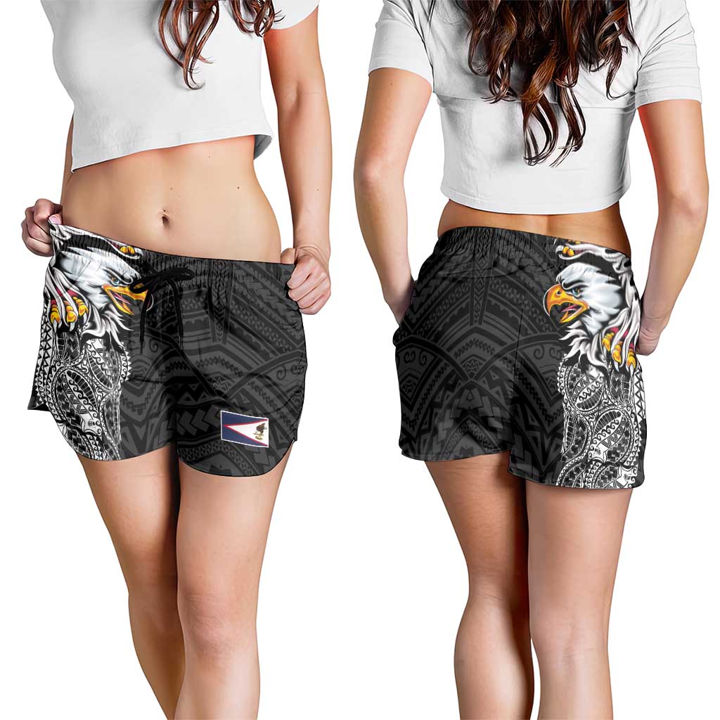 American Samoa Shorts for Women Tribal Tattoo with Eagle Black