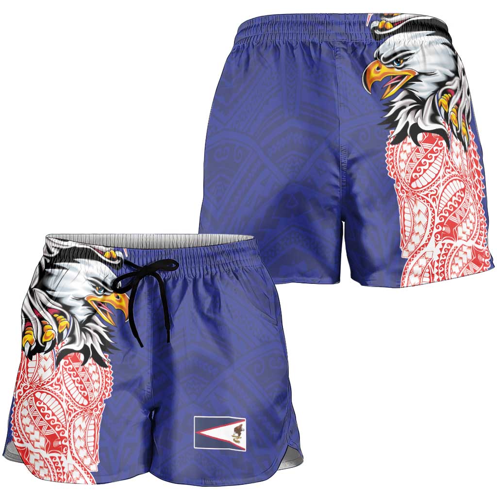 American Samoa Shorts for Women Tribal Tattoo with Eagle Blue-Red