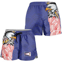 American Samoa Shorts for Women Tribal Tattoo with Eagle Blue-Red