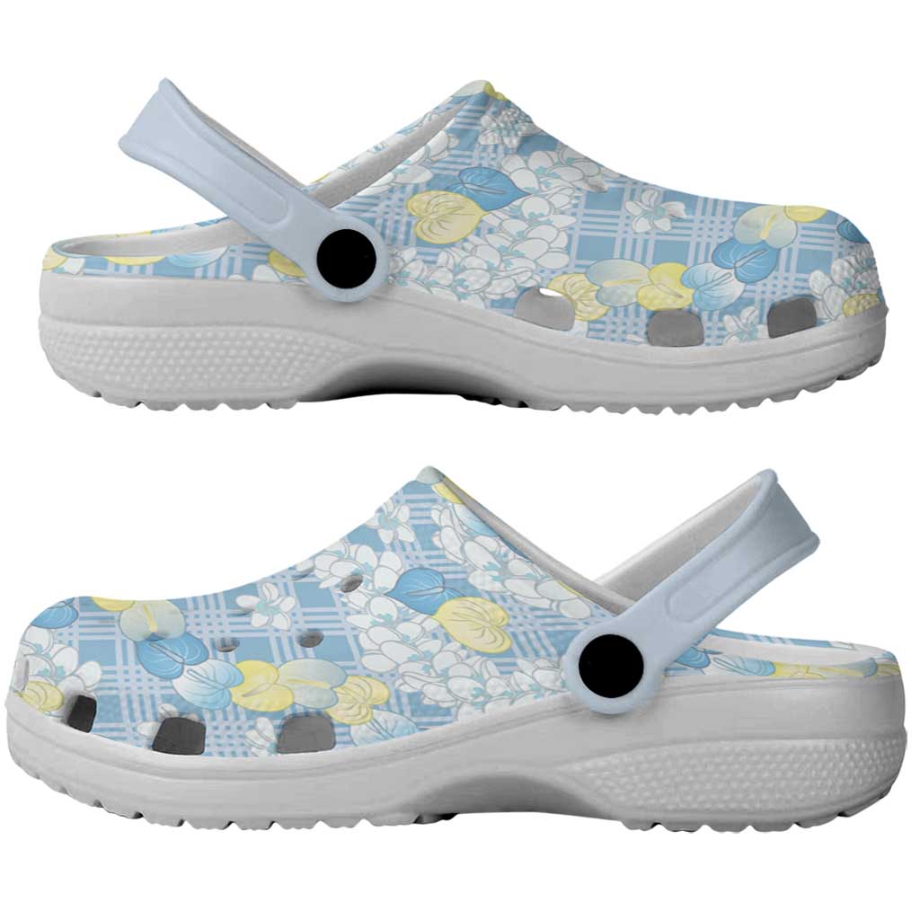 Anthurium Plumeria Lei Pastel Clogs Shoes Blue Hawaiian Splendid Palaka