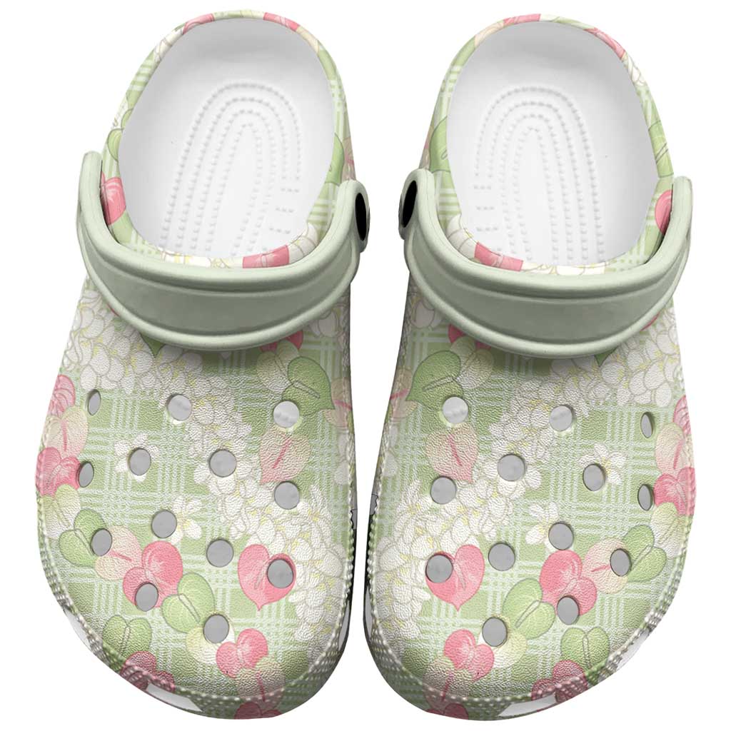 Anthurium Plumeria Lei Pastel Clogs Shoes Green Hawaiian Splendid Palaka