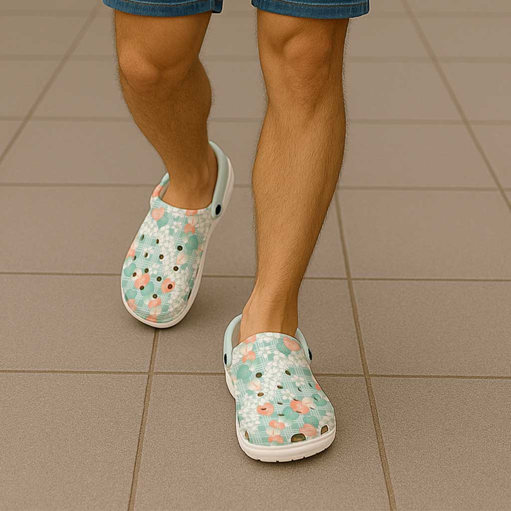 Anthurium Plumeria Lei Pastel Clogs Shoes Teal Hawaiian Splendid Palaka