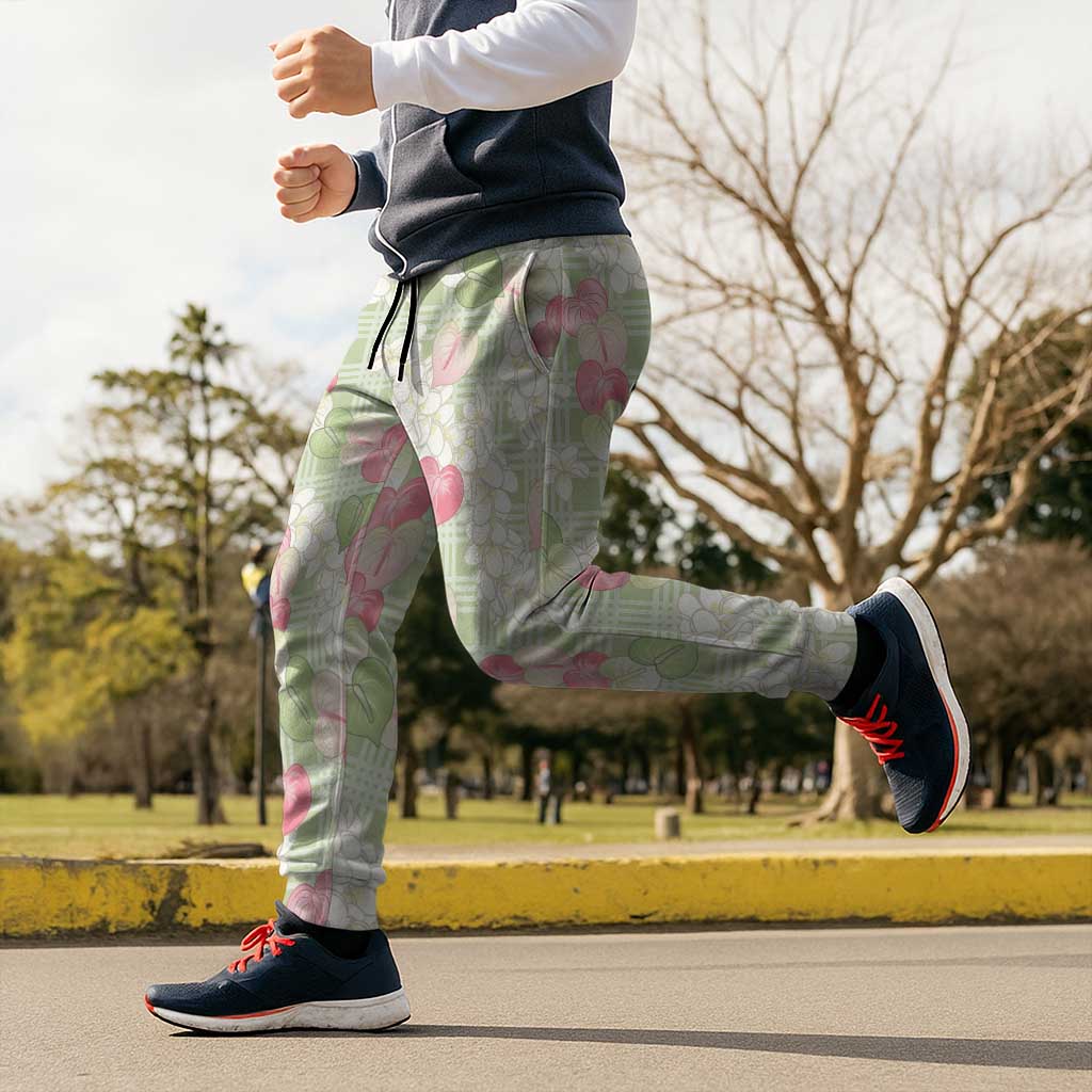 Anthurium Plumeria Lei Pastel Jogger Pants Green Hawaiian Splendid Palaka