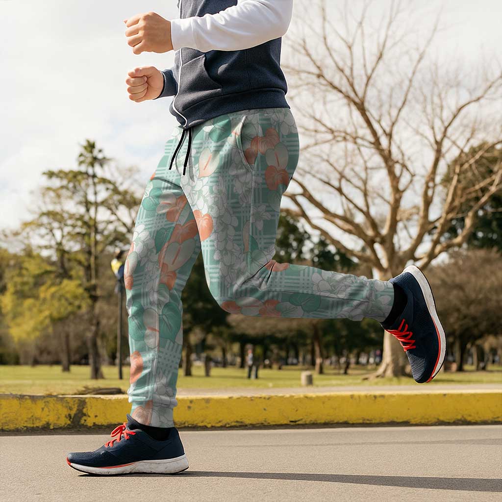 Anthurium Plumeria Lei Pastel Jogger Pants Teal Hawaiian Splendid Palaka LT01 - Polynesian Pride