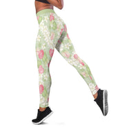 Anthurium Plumeria Lei Pastel Leggings Green Hawaiian Splendid Palaka LT01 Green - Polynesian Pride