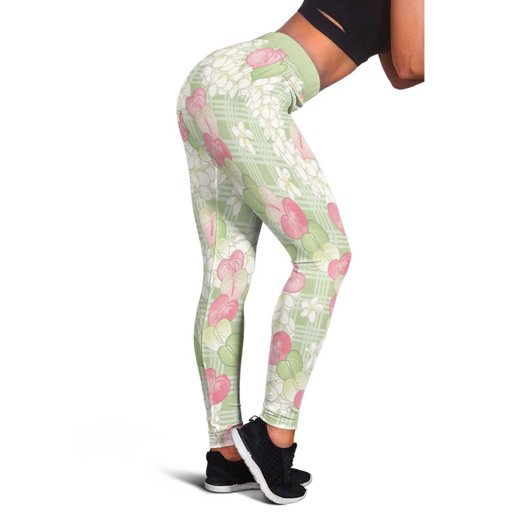 Anthurium Plumeria Lei Pastel Leggings Green Hawaiian Splendid Palaka LT01 - Polynesian Pride