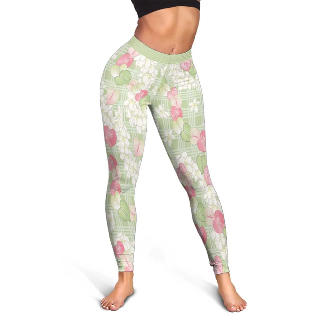 Anthurium Plumeria Lei Pastel Leggings Green Hawaiian Splendid Palaka LT01 - Polynesian Pride
