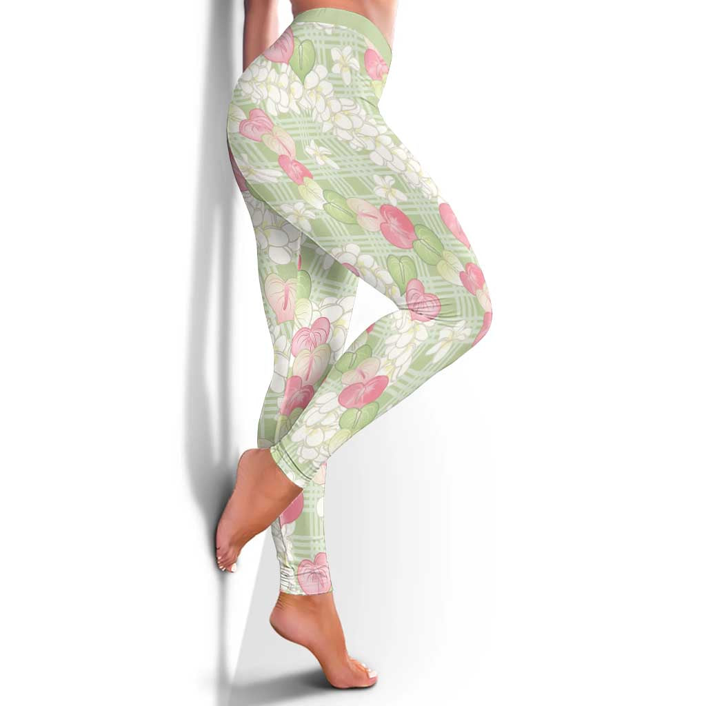 Anthurium Plumeria Lei Pastel Leggings Green Hawaiian Splendid Palaka LT01 - Polynesian Pride