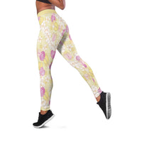 Anthurium Plumeria Lei Pastel Leggings Yellow Hawaiian Splendid Palaka LT01 Yellow - Polynesian Pride