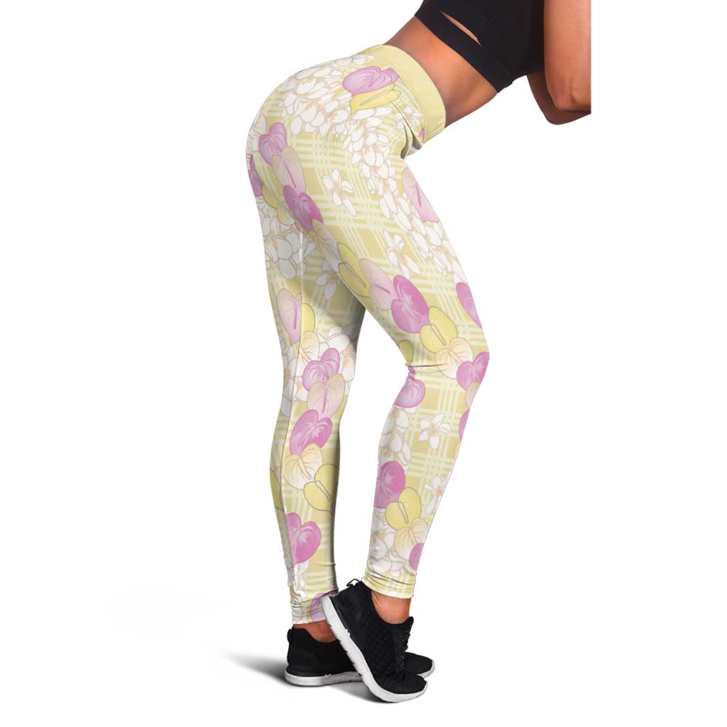 Anthurium Plumeria Lei Pastel Leggings Yellow Hawaiian Splendid Palaka LT01 - Polynesian Pride