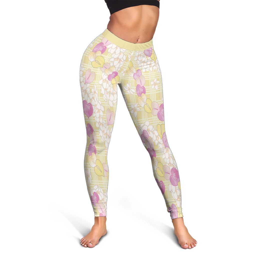 Anthurium Plumeria Lei Pastel Leggings Yellow Hawaiian Splendid Palaka LT01 - Polynesian Pride