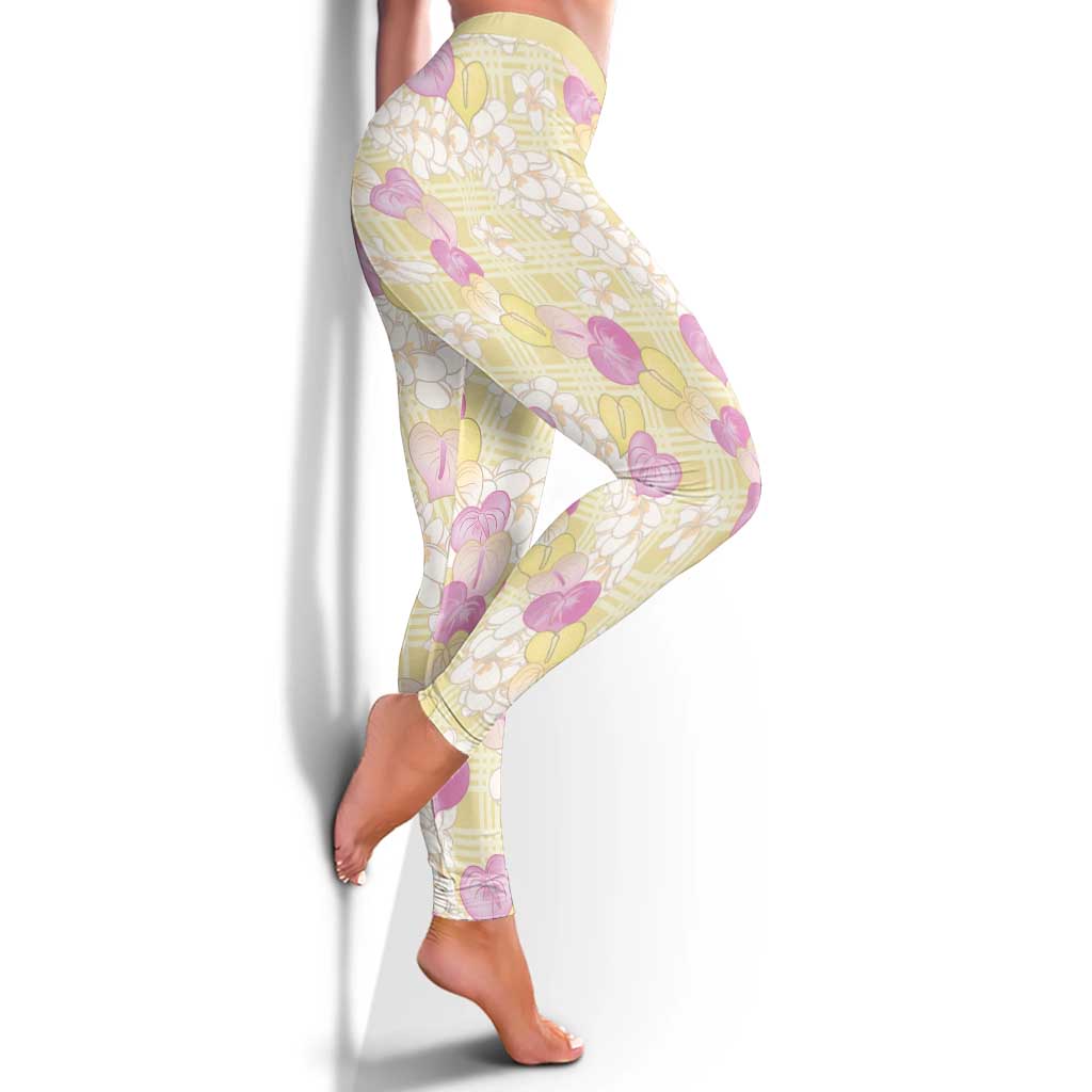 Anthurium Plumeria Lei Pastel Leggings Yellow Hawaiian Splendid Palaka LT01 - Polynesian Pride