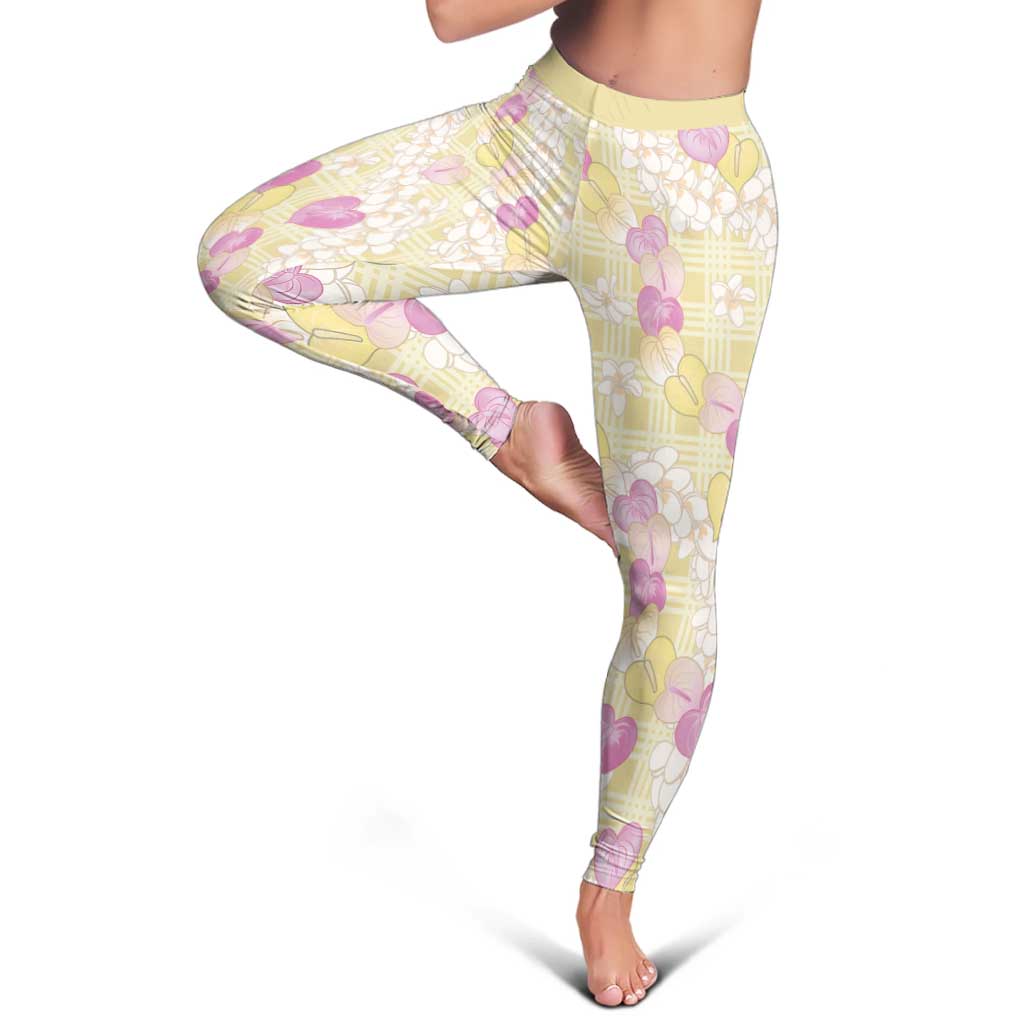 Anthurium Plumeria Lei Pastel Leggings Yellow Hawaiian Splendid Palaka LT01 - Polynesian Pride
