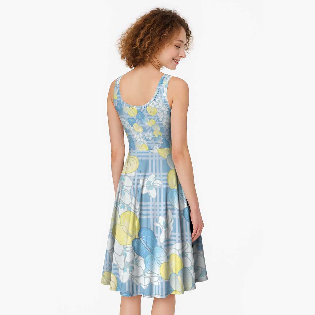 Anthurium Plumeria Lei Pastel Midi Dress Blue Hawaiian Splendid Palaka