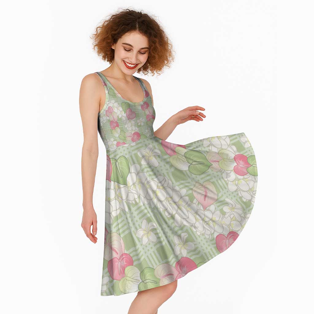 Anthurium Plumeria Lei Pastel Midi Dress Green Hawaiian Splendid Palaka
