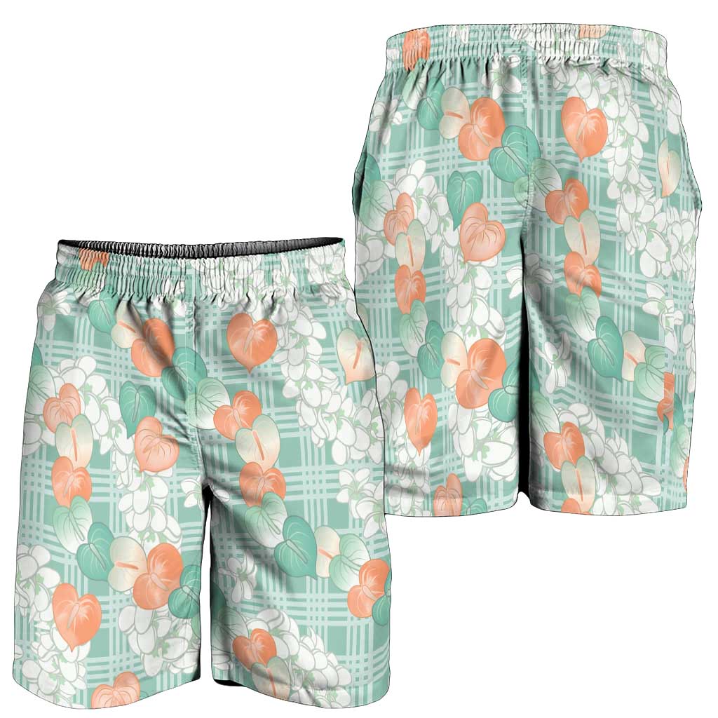 Anthurium Plumeria Lei Pastel Shorts for Men Teal Hawaiian Splendid Palaka LT01 - Polynesian Pride
