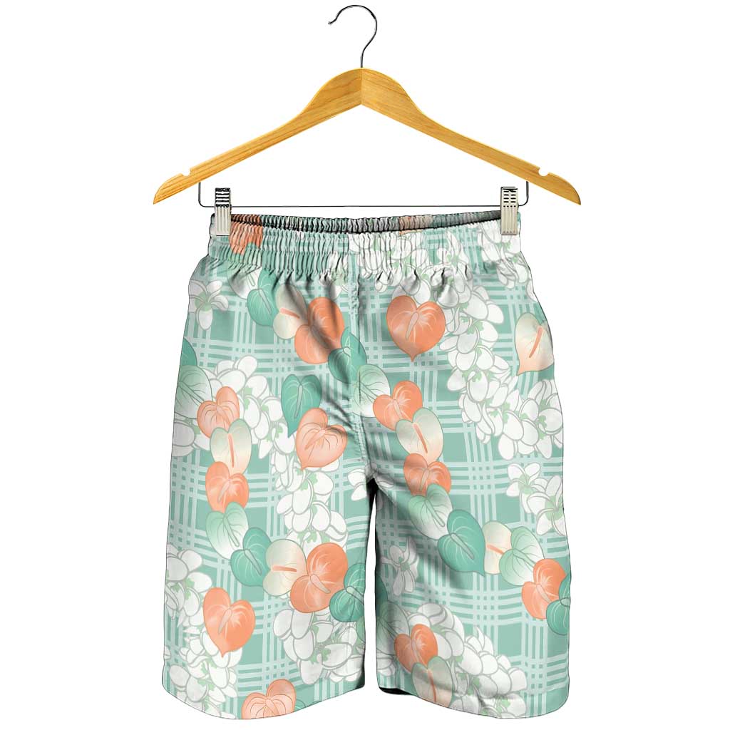 Anthurium Plumeria Lei Pastel Shorts for Men Teal Hawaiian Splendid Palaka LT01 - Polynesian Pride