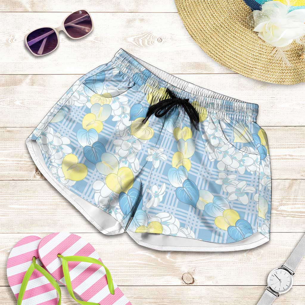 Anthurium Plumeria Lei Pastel Shorts for Women Blue Hawaiian Splendid Palaka LT01 Blue - Polynesian Pride