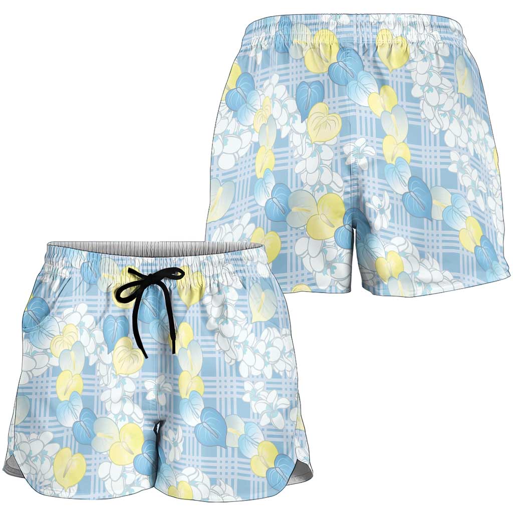 Anthurium Plumeria Lei Pastel Shorts for Women Blue Hawaiian Splendid Palaka LT01 - Polynesian Pride