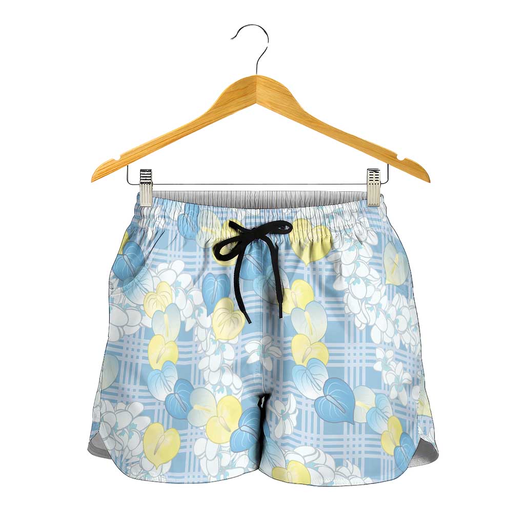 Anthurium Plumeria Lei Pastel Shorts for Women Blue Hawaiian Splendid Palaka LT01 - Polynesian Pride