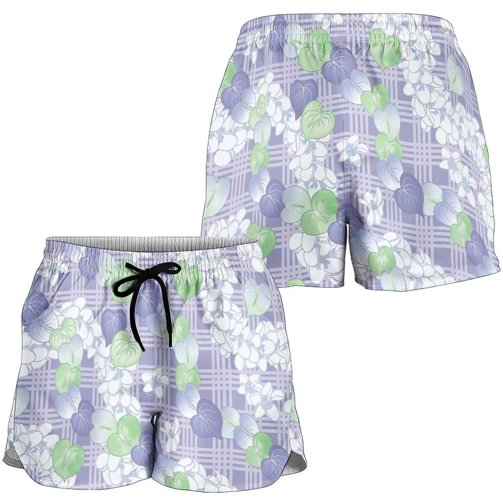 Anthurium Plumeria Lei Pastel Shorts for Women Purple Hawaiian Splendid Palaka
