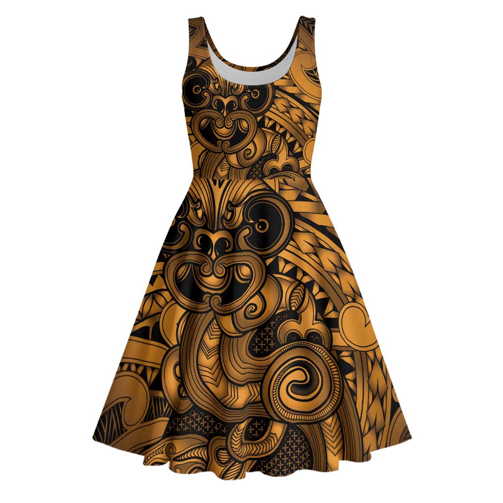 Aotearoa Maori Hei Tiki Midi Dress Koura Kowhaiwhai Puhoro Motif LT9 Gold - Polynesian Pride