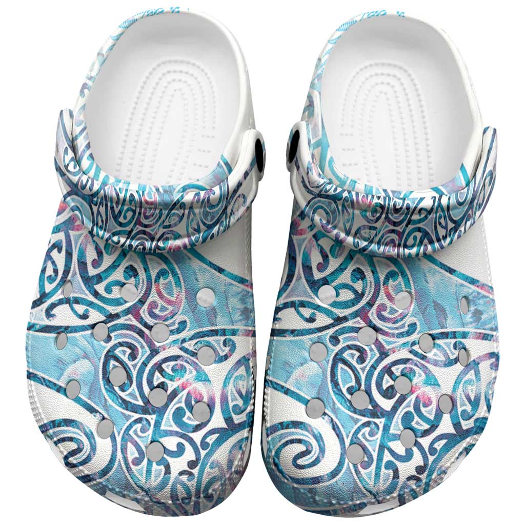 Aotearoa Maori Koru Curves Clogs Shoes Aqua Paua Shell