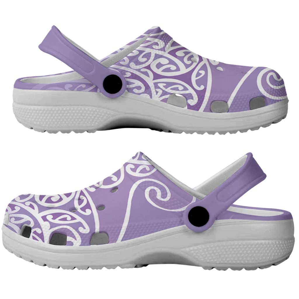 Aotearoa Maori Koru Curves Clogs Shoes Silver Ferns - Amethyst LT7 - Polynesian Pride