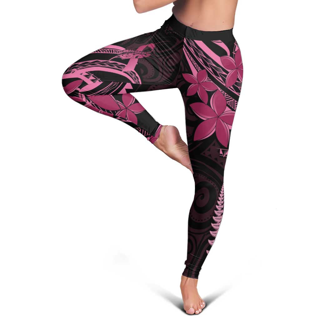 Aotearoa Maori Leggings Pink Fern Ribbons on Black - Polynesian Pride