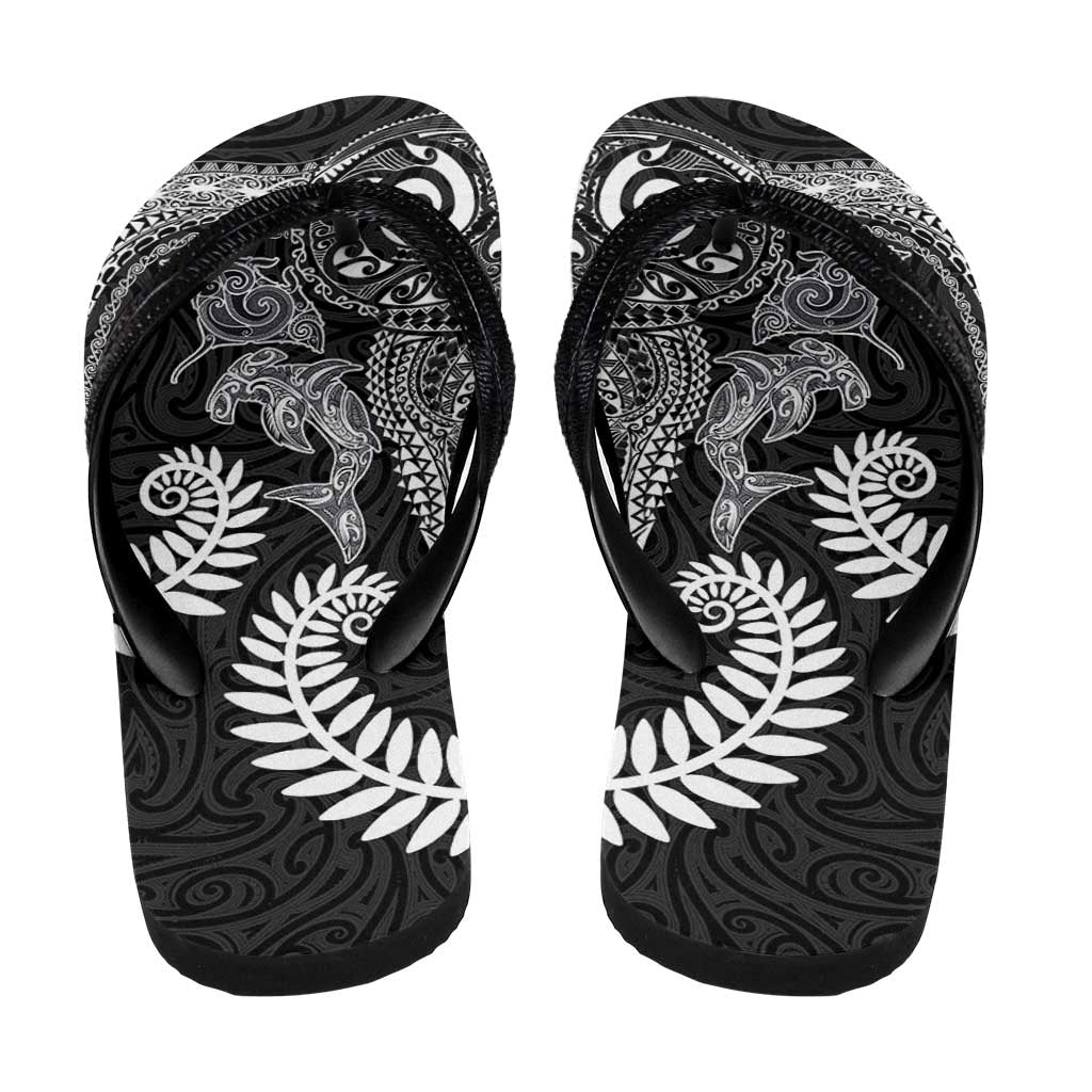 Aotearoa Maori Sea Animals Tribal Flip Flops Manta Ray and Shark Moko Pattern Black Color