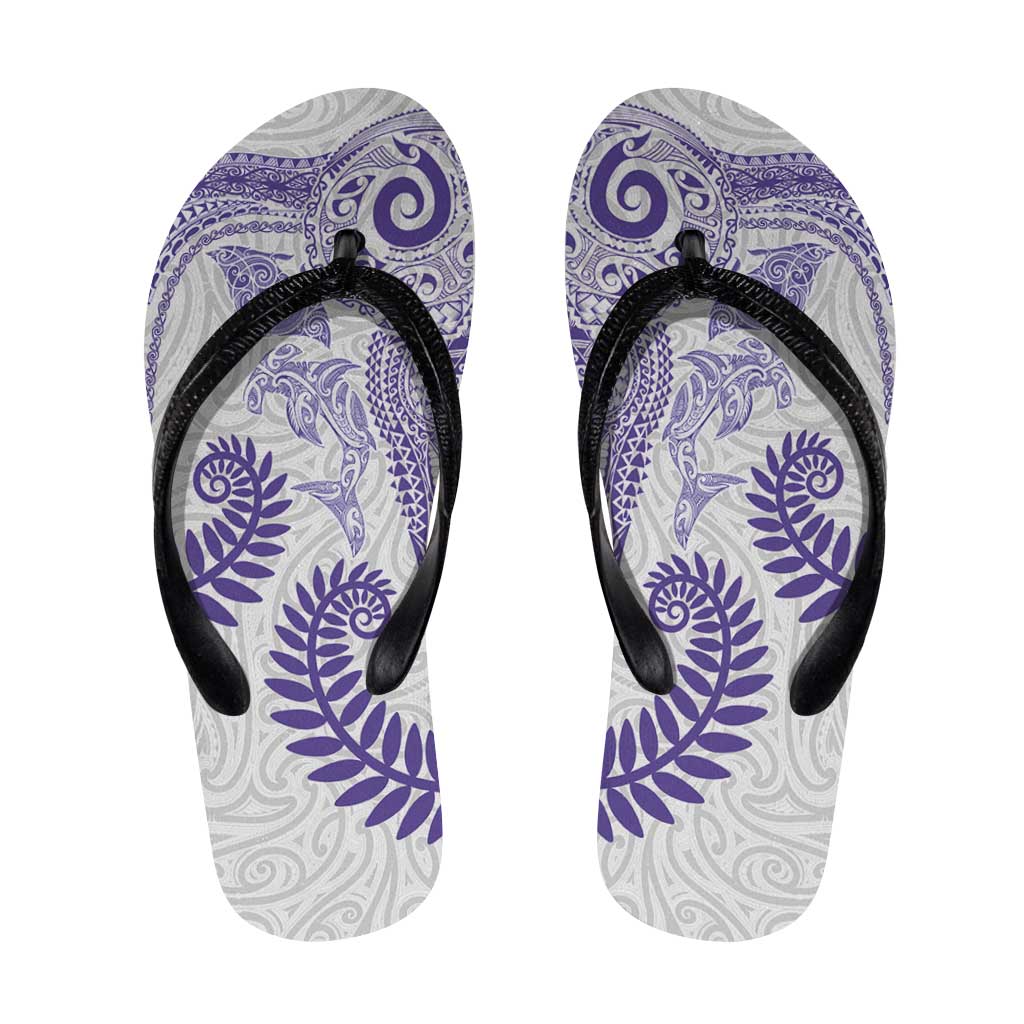 Aotearoa Maori Sea Animals Tribal Flip Flops Manta Ray and Shark Moko Pattern Purple Color