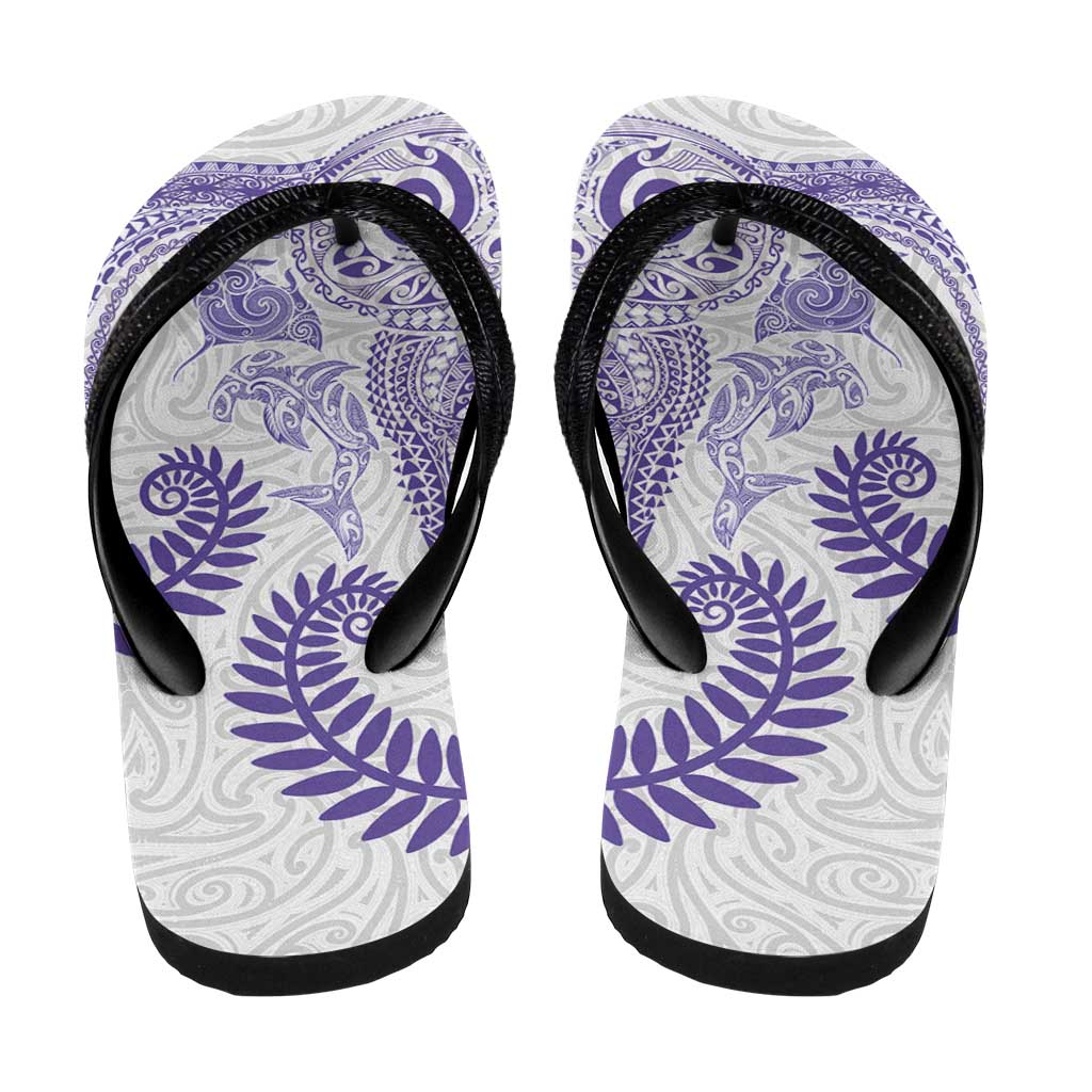 Aotearoa Maori Sea Animals Tribal Flip Flops Manta Ray and Shark Moko Pattern Purple Color