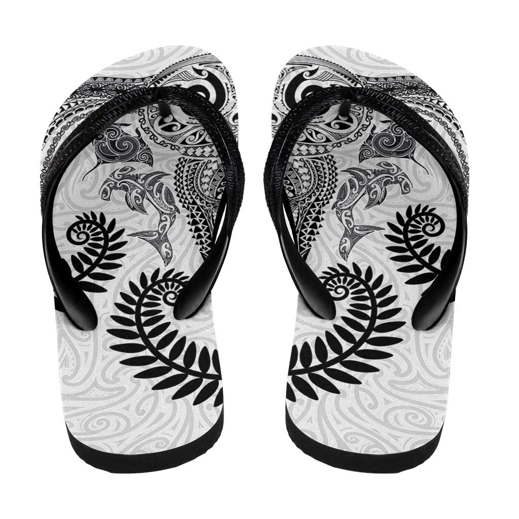 Aotearoa Maori Sea Animals Tribal Flip Flops Manta Ray and Shark Moko Pattern White Color