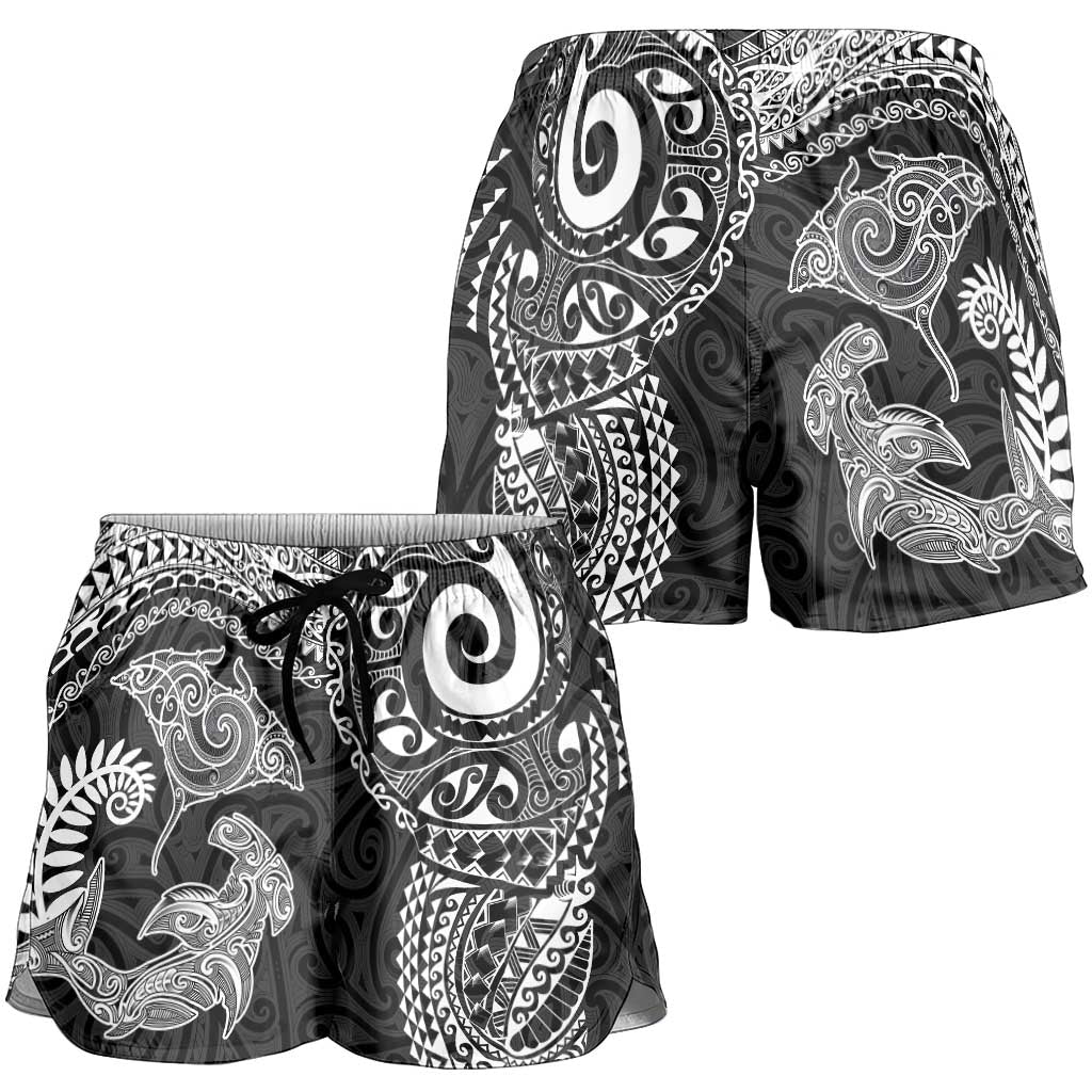 Aotearoa Maori Sea Animals Tribal Shorts for Women Manta Ray and Shark Moko Pattern Black Color