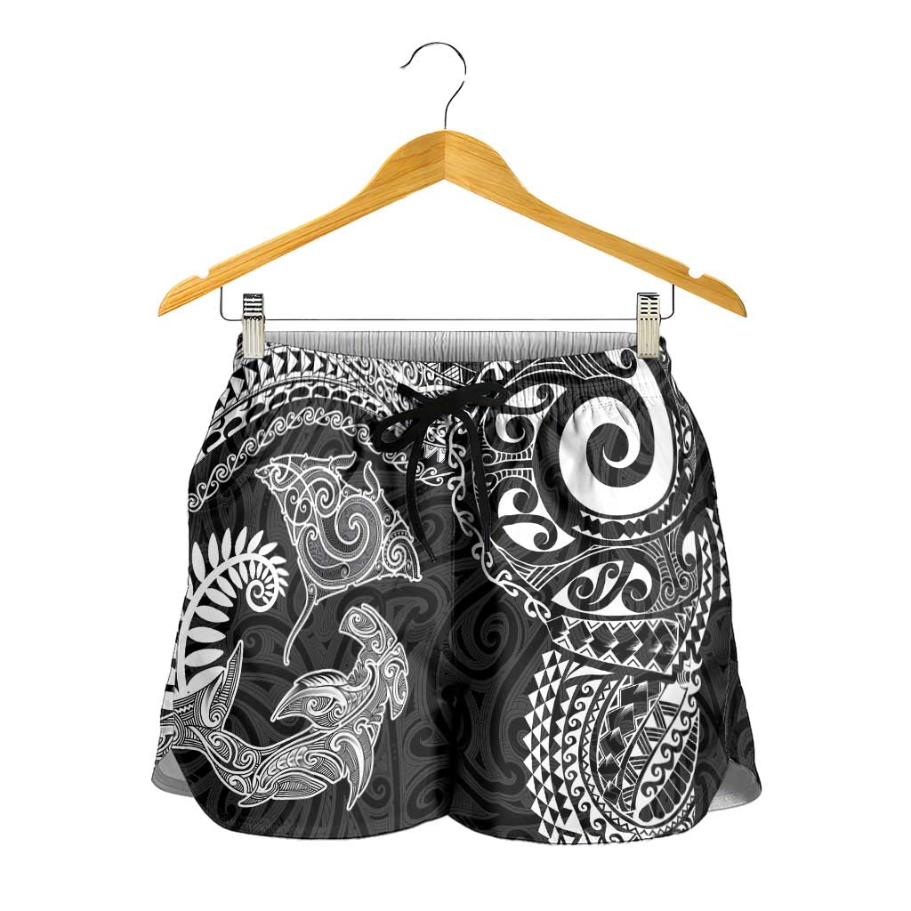 Aotearoa Maori Sea Animals Tribal Shorts for Women Manta Ray and Shark Moko Pattern Black Color