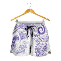 Aotearoa Maori Sea Animals Tribal Shorts for Women Manta Ray and Shark Moko Pattern Purple Color