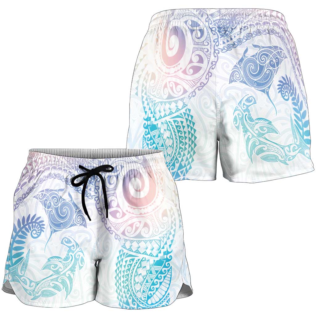 Aotearoa Maori Sea Animals Tribal Shorts for Women Manta Ray and Shark Moko Pattern Sweet Pastel